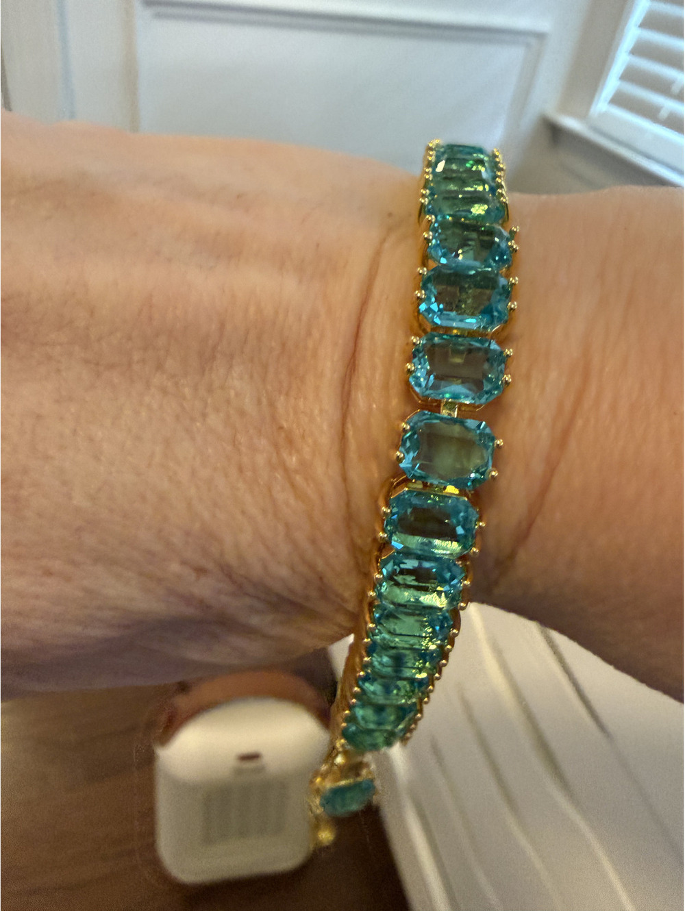 GlassJules Large Aqua Gold Tone Tennis Bracelet - Picture 4 of 4